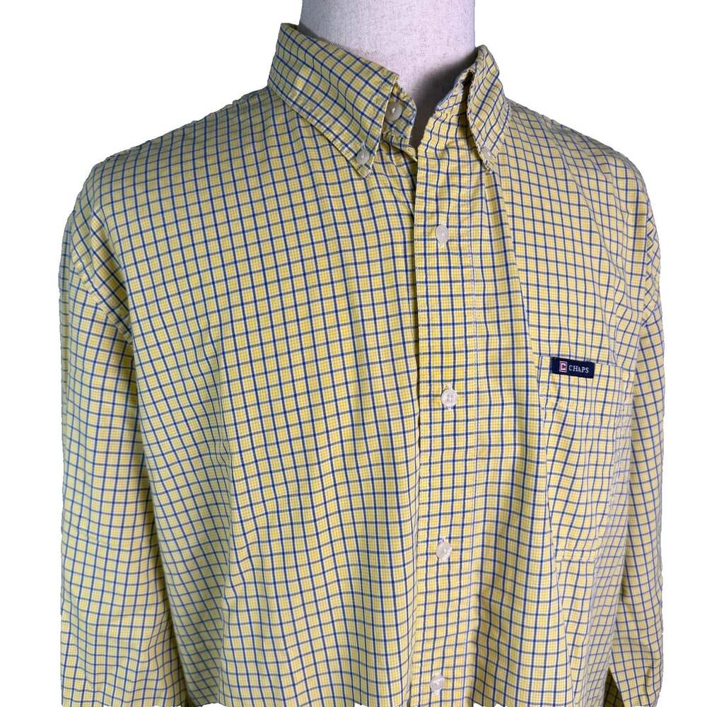 Chaps Mens XXL Long Sleeve Button Down Shirt Yellow Blue Plaid Easy Care Check